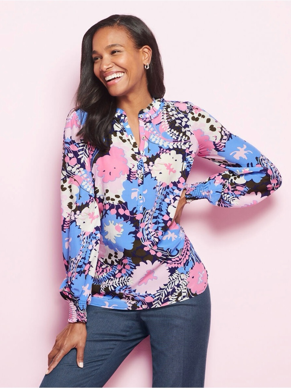 NWT Talbots Floral Ruffle Neck Smocked Cuff Blouse Pink Blue Size S